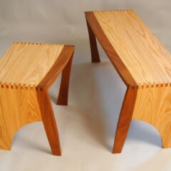 matching wooden benches